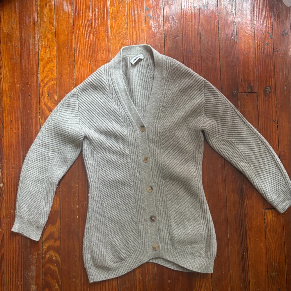 Jil Sander Light Gray Ribbed V-Neck Button Cardigan
